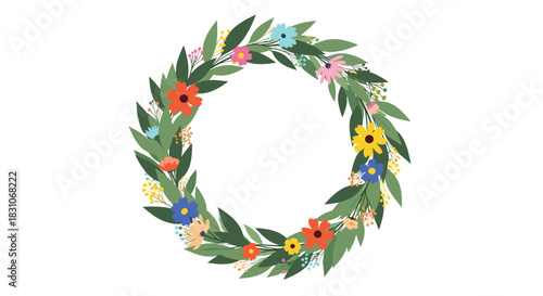 A bright and cheerful circular wreath made of various colorful flowers and lush green leaves perfect for spring or summer designs.