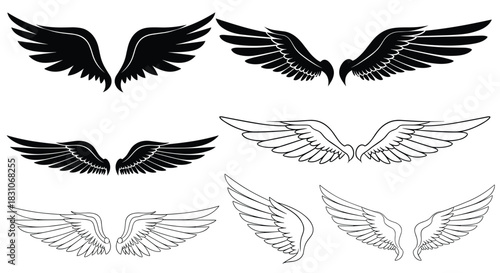 A large set of six different pairs of angel or bird wings in various styles including black silhouettes and detailed line art.