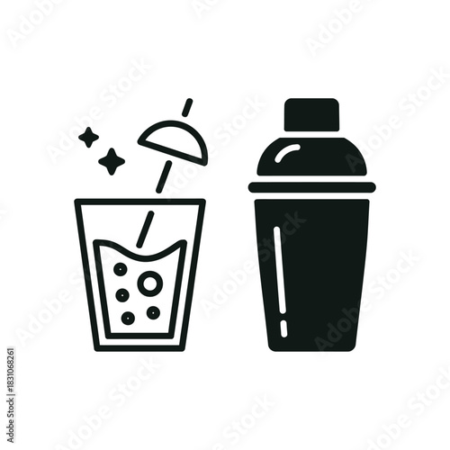 A cocktail shaker and a glass with a drink and garnish are shown.