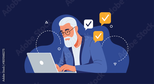 An elderly man with a white beard and glasses works efficiently on his laptop with check marks appearing in speech bubbles.