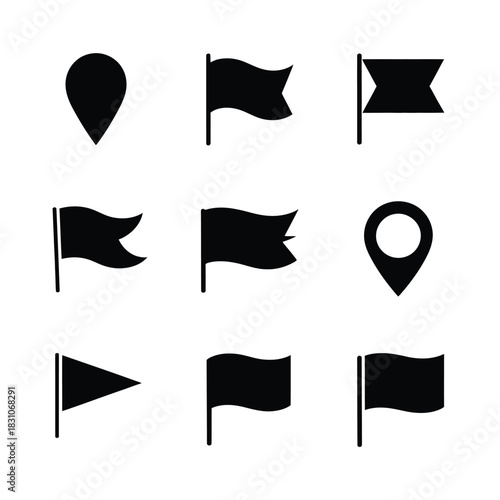 A collection of nine black silhouette icons representing flags and map pointers.