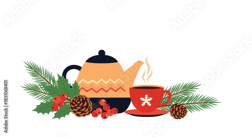 Cozy winter or Christmas composition with a teapot a cup of hot coffee pine branches holly berries and pinecones on a white background.