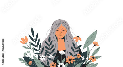 Serene woman with long gray hair meditating peacefully with her eyes closed while surrounded by various beautiful flowers and leaves.