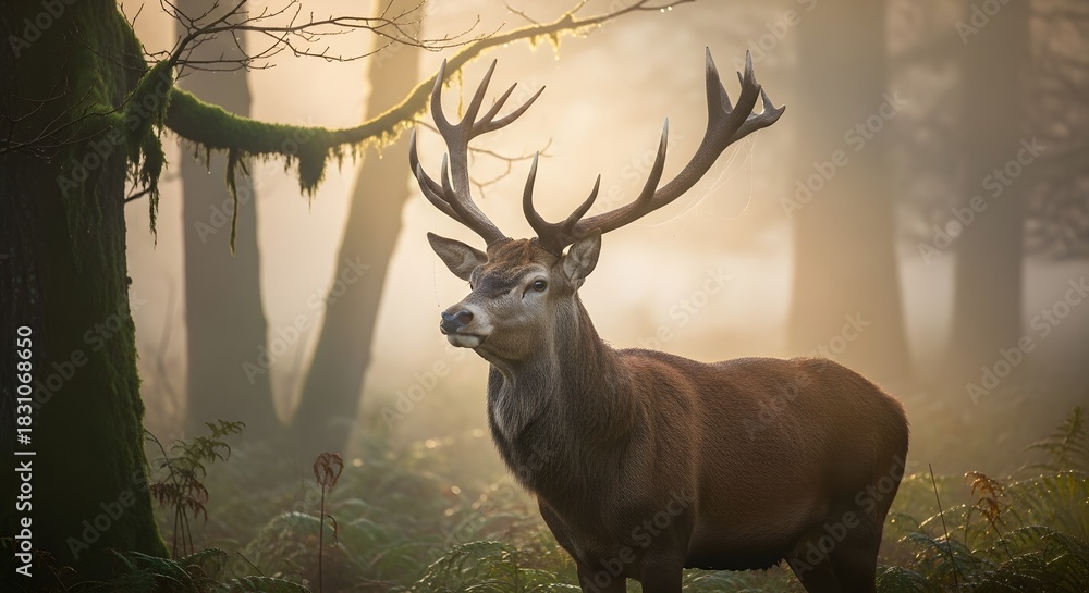 Naklejka premium Deer stag antlers forest wildlife animal mammal nature woods fog majestic outdoors wilderness