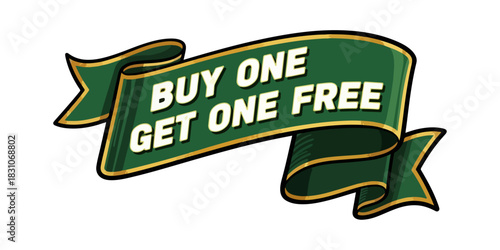Vintage Green Ribbon Banner with "BUY ONE GET ONE FREE" Text, 1950s Style Illustration