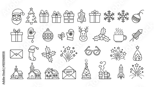 Festive Cheer Icons: Collection of line art icons depicting festive symbols, perfect for designs that evoke the spirit of Christmas.
