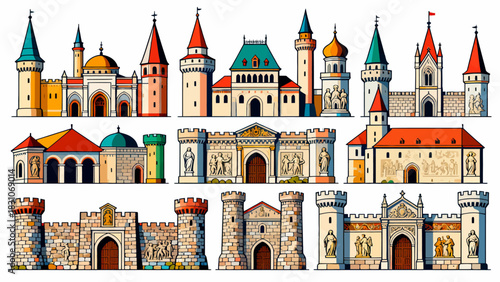 This vibrant illustration displays a collection of diverse, ornate castles in a colorful, whimsical style, showcasing medieval-inspired architecture.