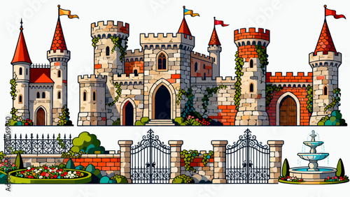 This vibrant illustration displays a collection of diverse, ornate castles in a colorful, whimsical style, showcasing medieval-inspired architecture.