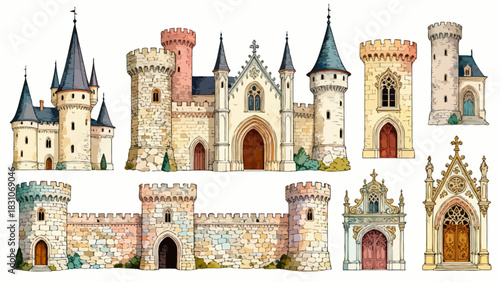 This vibrant illustration displays a collection of diverse, ornate castles in a colorful, whimsical style, showcasing medieval-inspired architecture.