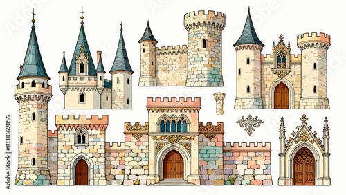 This vibrant illustration displays a collection of diverse, ornate castles in a colorful, whimsical style, showcasing medieval-inspired architecture.