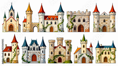 This vibrant illustration displays a collection of diverse, ornate castles in a colorful, whimsical style, showcasing medieval-inspired architecture.