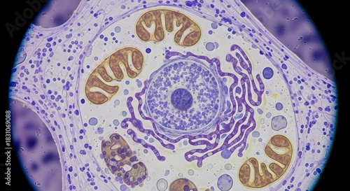 Microscopic cell biology nucleus mitochondria endoplasmic reticulum ribosomes cytoplasm analysis view