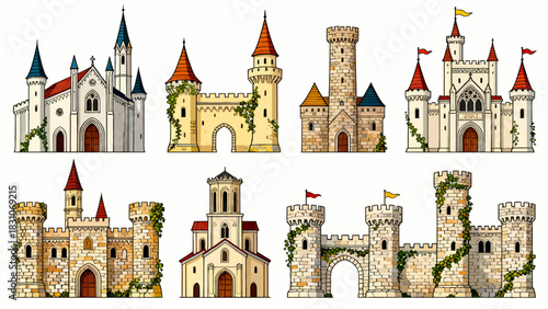 This vibrant illustration displays a collection of diverse, ornate castles in a colorful, whimsical style, showcasing medieval-inspired architecture.