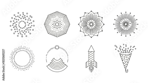 Geometric Fireworks Collection: A captivating collection of intricately designed, geometric fireworks elements, perfect for enhancing any celebratory project or design.
