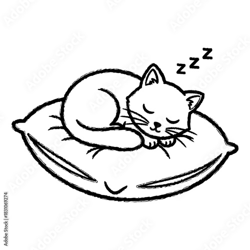 Sketch of a Sleeping Cat on Pillow with Zzz