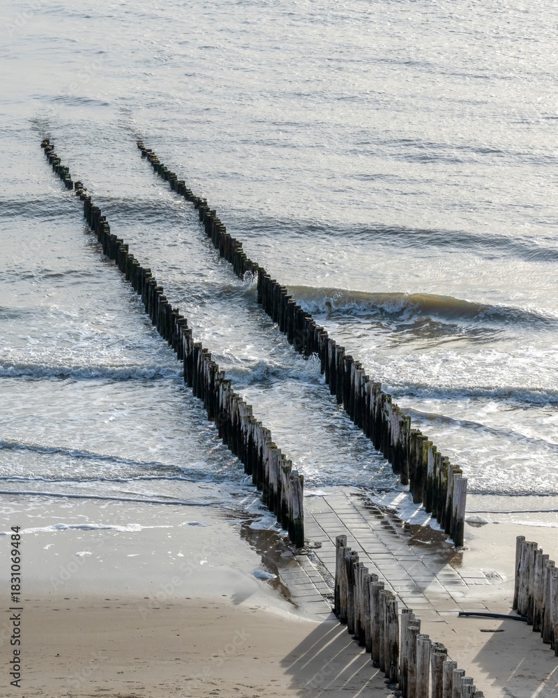 Fototapeta premium breakwaters wooden piles protect the coast