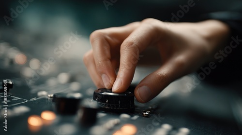 Close up view of  human hand adjusting  black rotary knob on  professional audio mixing console or soundboard surface