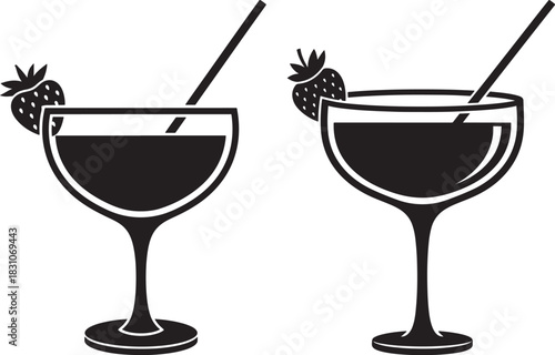 Two cocktail glasses with straws and strawberry silhouette