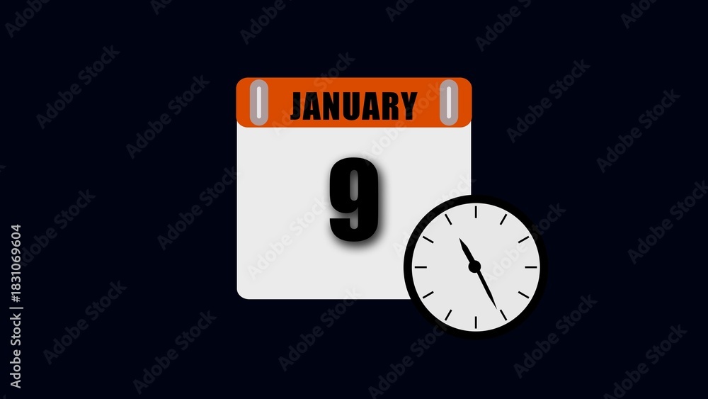 Obraz premium January 9th Calendar Page with Clock Showing Time date