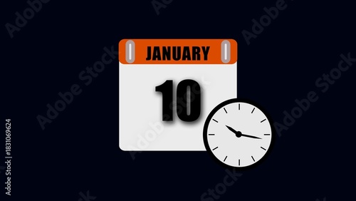 January 10th Calendar Page with Clock Showing Time 9:45 AM tenth date