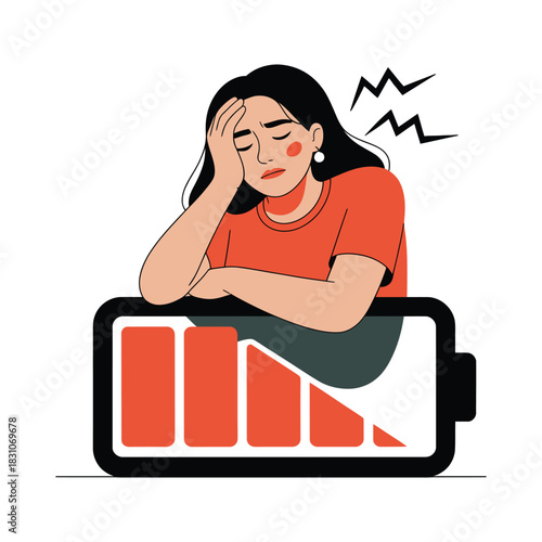A woman is depicted with a low battery symbol, illustrating exhaustion.