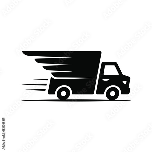 A black silhouette of a delivery truck with wings speeding forward.