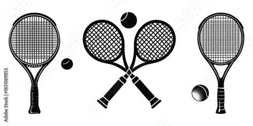 vintage crossed tennis rackets with two tennis balls vector illustration, detailed black and white tennis bat silhouette icon design for sports branding, logo concepts, training and competition themes