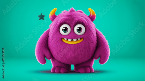 Cute fluffy pink monster with big eyes and yellow smile