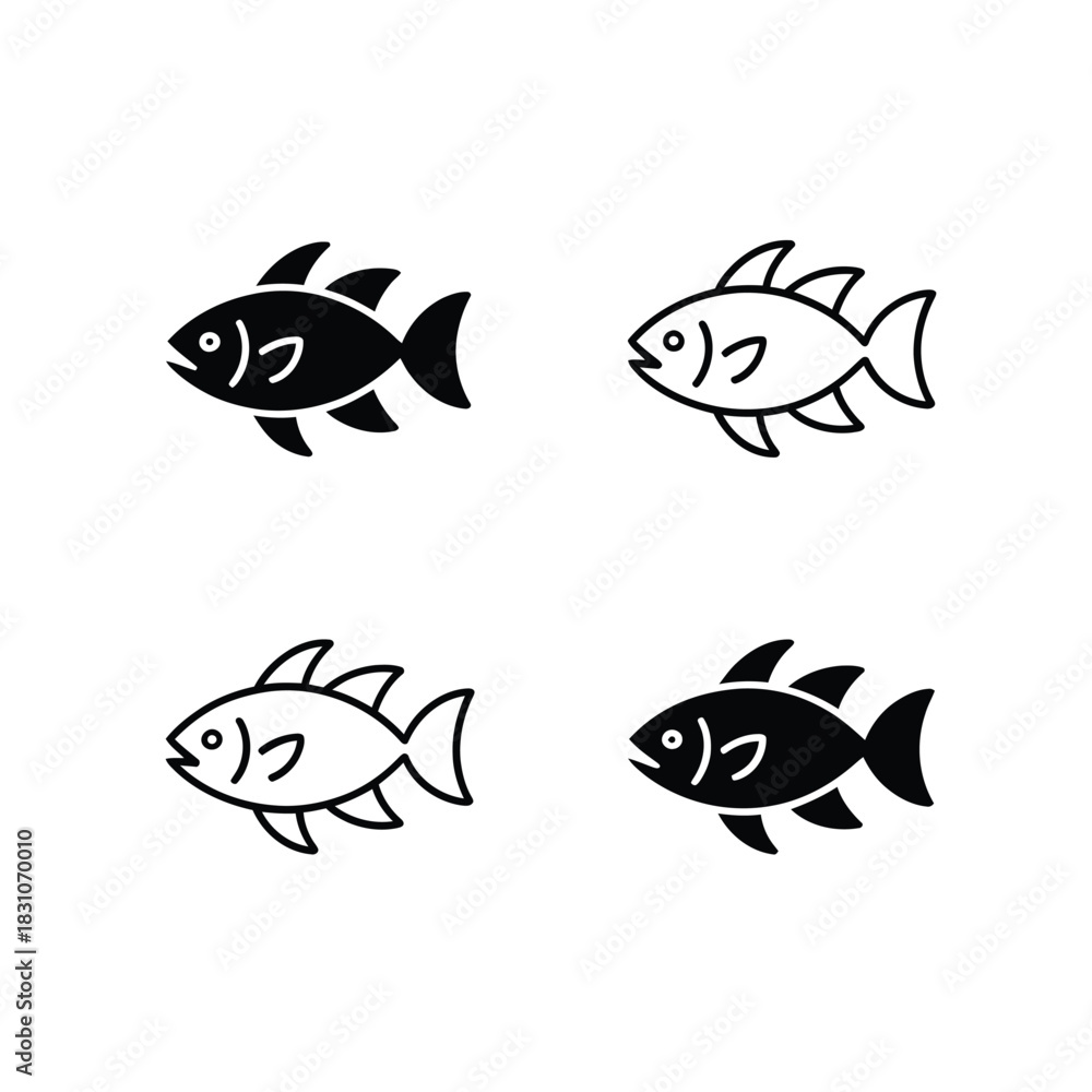 Naklejka premium Four stylized fish icons are presented, two in black and two in outline form.