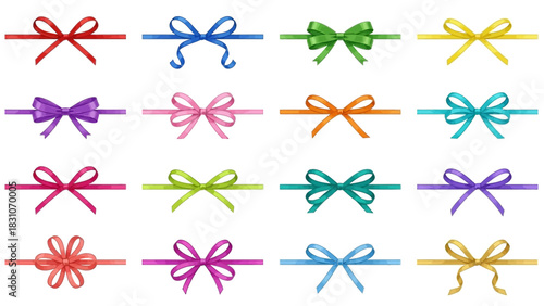 Collection of  Multicolored Ribbon Bows in Grid Layout – 4K Ultra HD Render Featuring Unique Knot Styles, Loop Variations, and Tail Designs for Gift Wrapping, Decoration, and Premium Visual 