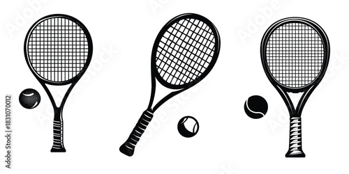 vintage crossed tennis rackets with two tennis balls vector illustration, detailed black and white tennis bat silhouette icon design for sports branding, logo concepts, training and competition themes
