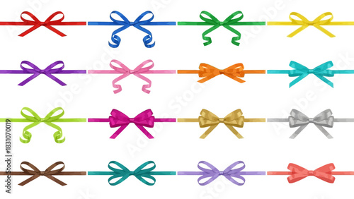 Collection of  Multicolored Ribbon Bows in Grid Layout – 4K Ultra HD Render Featuring Unique Knot Styles, Loop Variations, and Tail Designs for Gift Wrapping, Decoration, and Premium Visual 