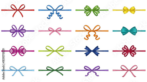 Collection of  Multicolored Ribbon Bows in Grid Layout – 4K Ultra HD Render Featuring Unique Knot Styles, Loop Variations, and Tail Designs for Gift Wrapping, Decoration, and Premium Visual 