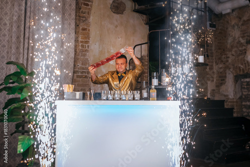 Enthusiastic bartending show with cocktail flair