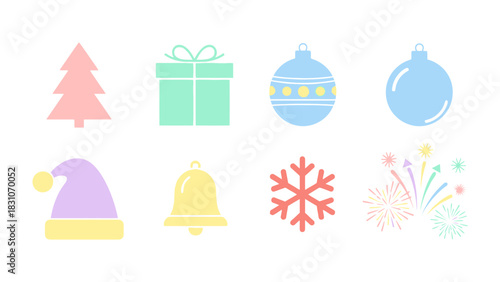 Festive Holiday Collection: Delightful array of holiday-themed icons, featuring a Christmas tree, gift box, ornaments, Santa hat, bell, snowflake, and fireworks.
