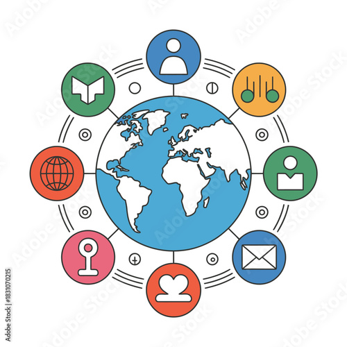 A circular diagram of global connectivity with icons representing people, communication, and information around a stylized Earth.