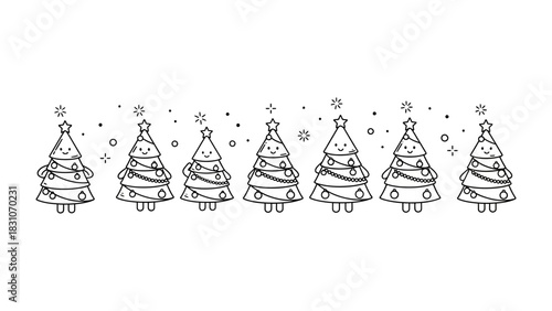 Festive Evergreen Lineup: A charming, outlined illustration of a merry Christmas tree, standing proudly in a row, exuding festive charm, and joyful anticipation for the holiday season.