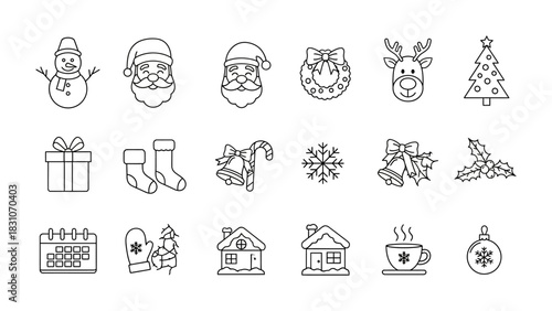 Christmas Icon Set: A delightful collection of holiday-themed line art icons, each representing classic symbols of the festive season. Capturing the spirit of joy and celebration.