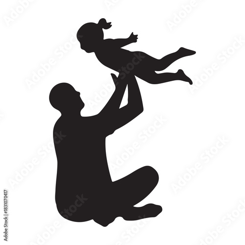 Father throwing his happy daughter high up in the air in a playful moment silhouette isolated on white background