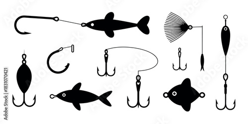 A collection of various fishing lures and hooks in black and white silhouette