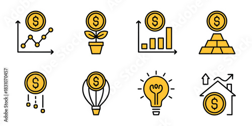 Illustration set showing financial growth concepts with dollar coin symbols