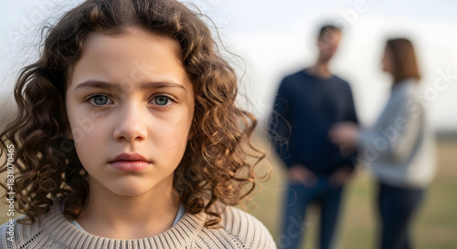 A somber moment for a young girl feeling alone as her parents argue in the background showcasing family issues divorce concerns and the importance of family support