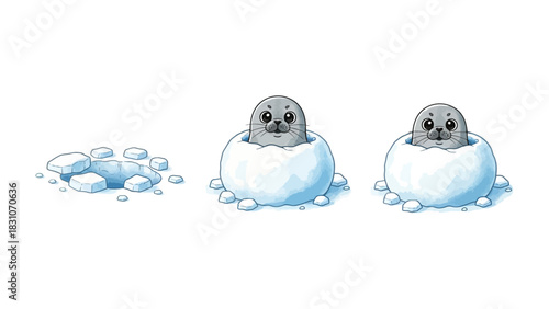 Cute Seal in Snowball: A charming and playful illustration features two adorable seals emerging from snowballs, evoking a sense of winter fun and lightheartedness.