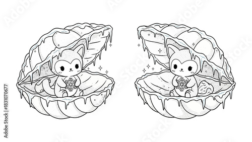 Foxes and the Pearl: Two charming foxes, each cradling a pearl, nestle inside glistening seashells, invoking a sense of wonder and enchantment.