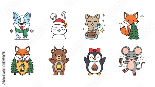 Festive Animal Collection: A charming collection of eight adorable animals dressed for the season, bringing warmth and cheer. Each character radiates joy.