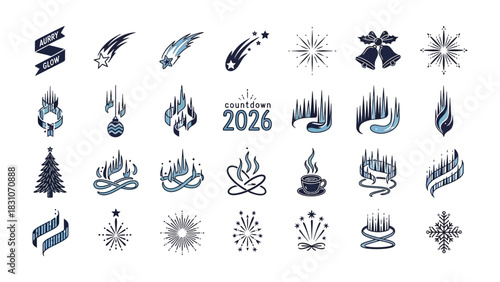 Winter Collection: A festive collection of winter-themed illustrations, showcasing snowflakes, stars, ribbon, Christmas tree, bonfire and countdown 2026.