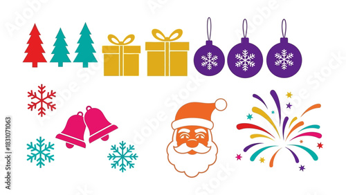 Christmas Cheer: Festive icons, Santa Claus, gift boxes, and fireworks burst with joyful energy and represent holiday season. 