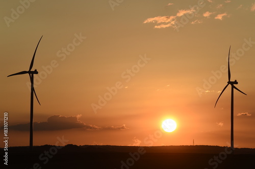 lever de soleil sur des éoliennes à contre-jour; ciel dégradé couleur bleue et orange avec des petits nuages cumulus blancs gris et noirs