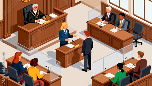 This isometric illustration depicts a formal courtroom setting where a judge presides at the bench, with lawyers, participants, and a jury seated in designated areas, all arranged around wooden furnit