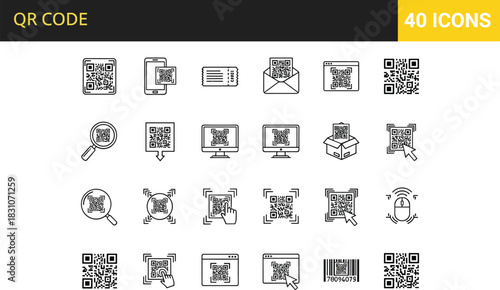 Linear vector icon set featuring QR code scanning, barcodes, mobile payment, verification, and digital technology symbols isolated on white.